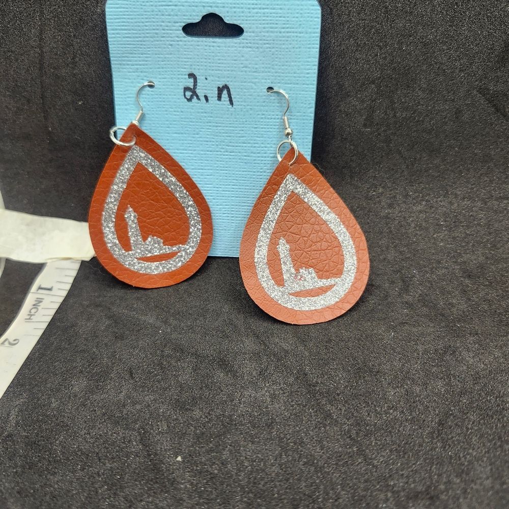 Hand Crafted Dangle Earring Faux Leather Lighthouse Brown Teardrop Silver